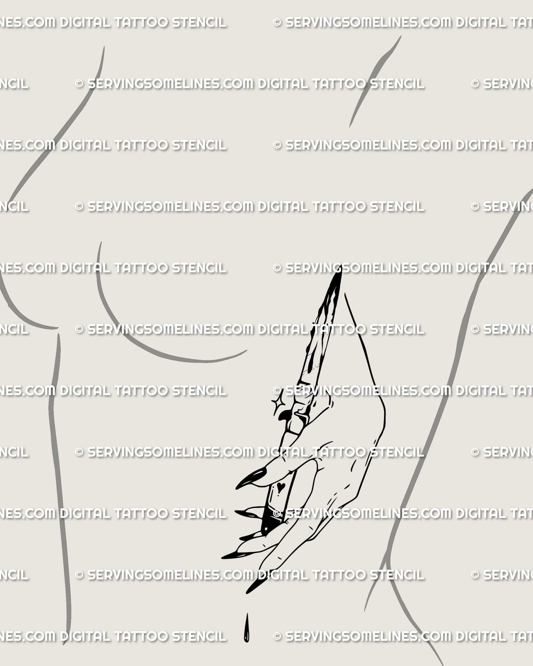 Witchy hand holding knife tattoo with long nails shown on ribs, a minimalistic dagger tattoo design symbolizing confidence and feminine edge.