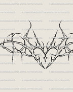 Close-up of witchy heart tattoo design: thorned spiky heart, cyber-sigil symmetry, sparkle details, crisp lines for clear stencil transfer.