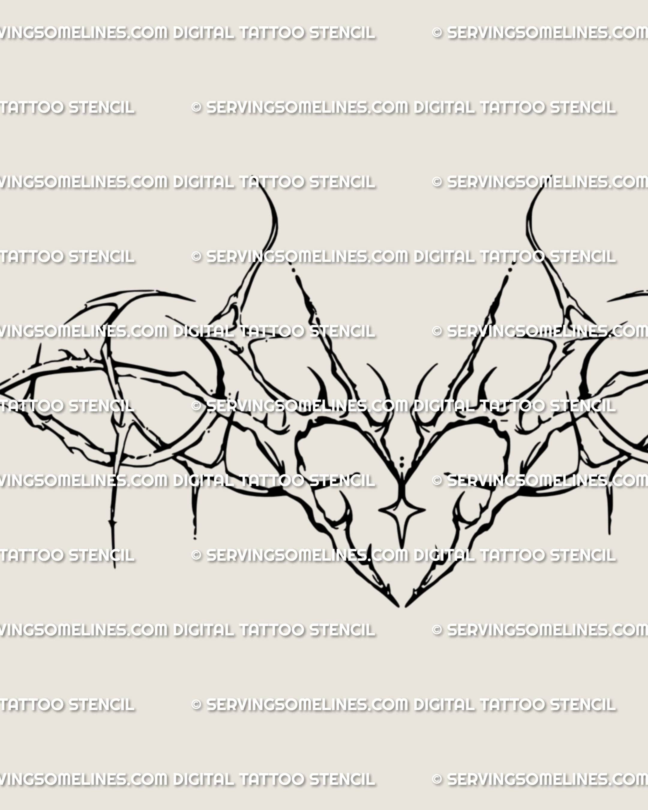 Close-up of witchy heart tattoo design: thorned spiky heart, cyber-sigil symmetry, sparkle details, crisp lines for clear stencil transfer.
