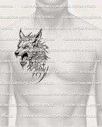 Wolf tattoo stencil displayed on mens side chest placement example, snarling wolf design with printable download files.