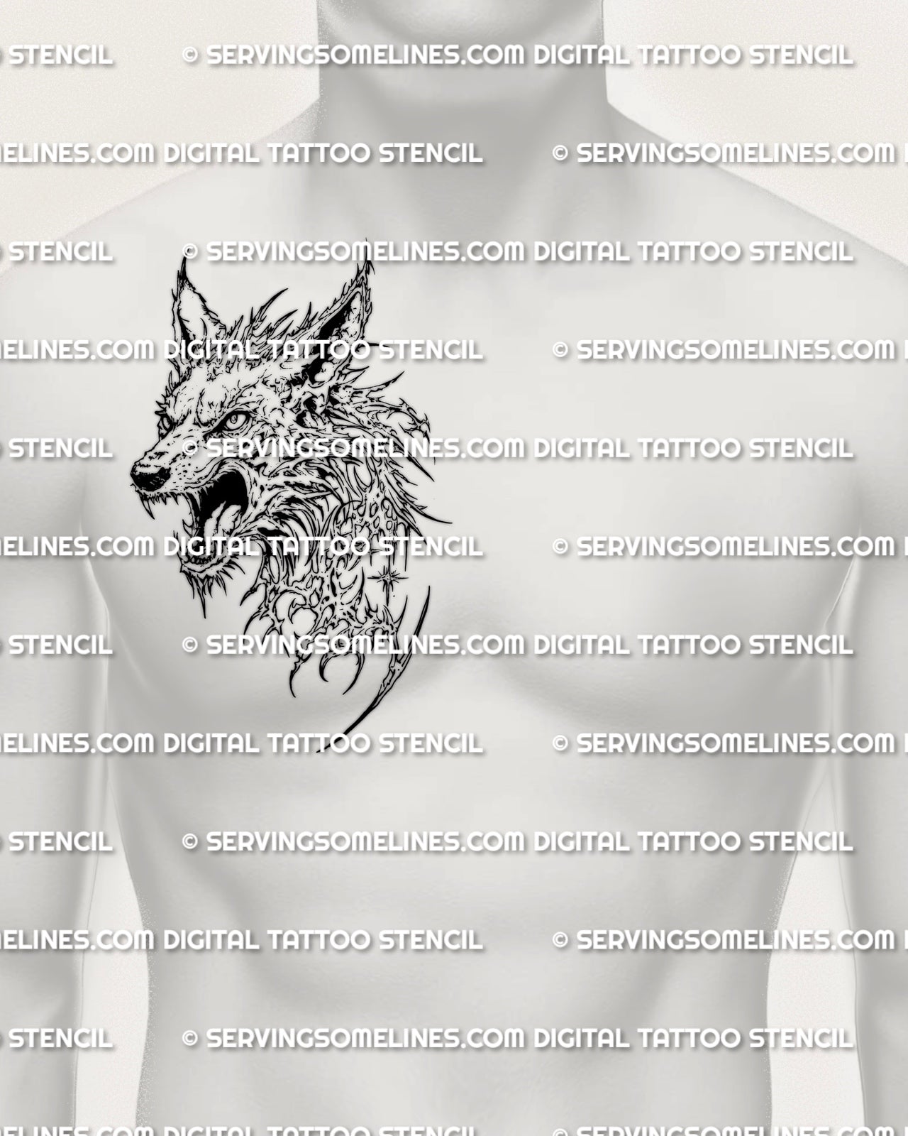 Wolf tattoo stencil displayed on mens side chest placement example, snarling wolf design with printable download files.