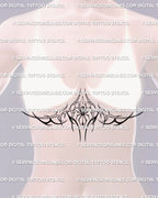 woman modeling dark feminine spider chest tattoo stencil, witchy underboob design with neotribal curves