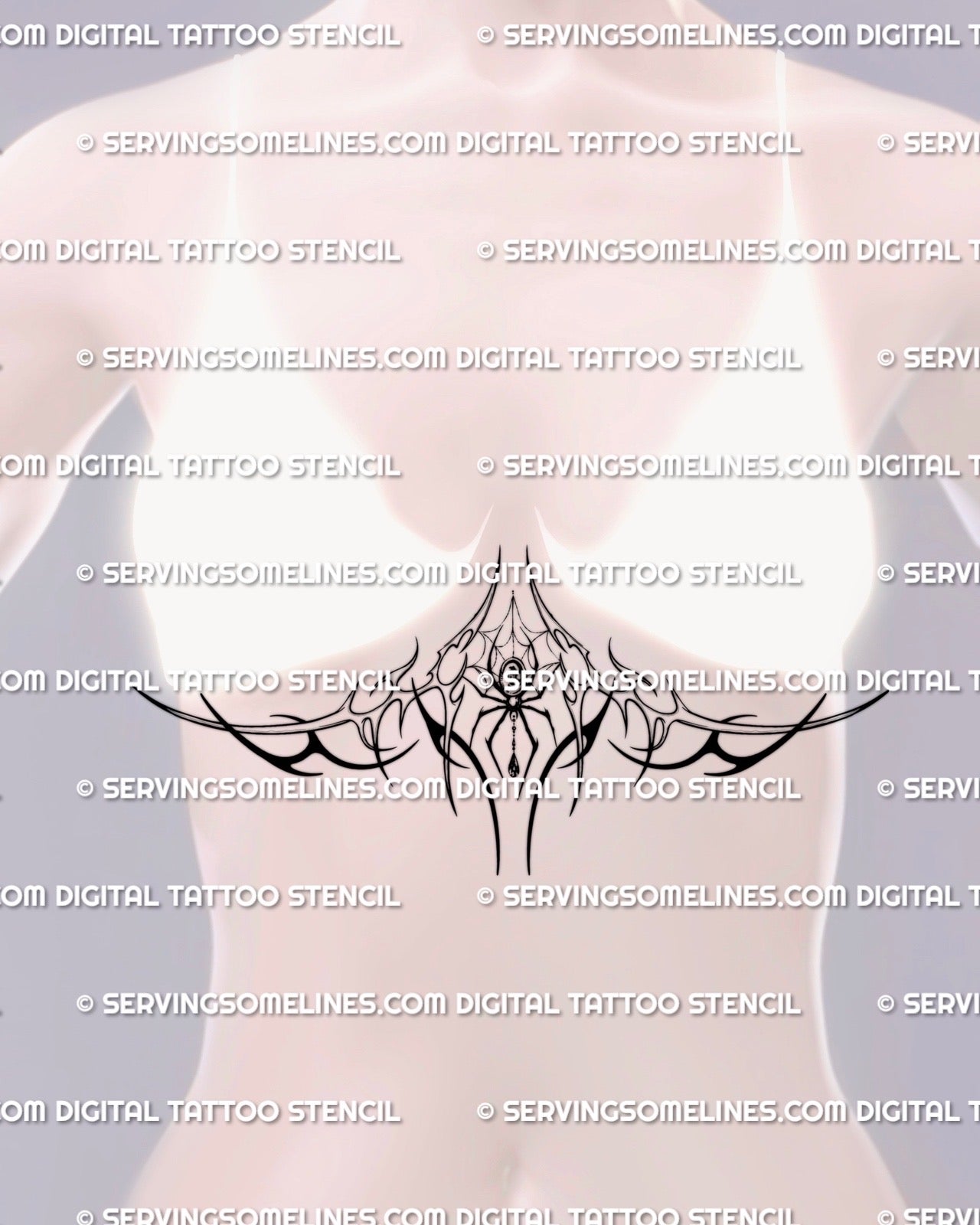 woman modeling dark feminine spider chest tattoo stencil, witchy underboob design with neotribal curves