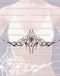 woman wearing a gothic spider underbust tattoo stencil, dark feminine chest framing design with cyber tribal linework