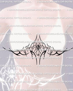 woman wearing a gothic spider underbust tattoo stencil, dark feminine chest framing design with cyber tribal linework