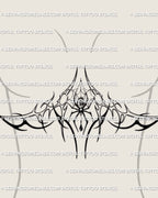 woman showing spider sternum tattoo stencil, witchy underbust chest framing design with gothic rib line flow