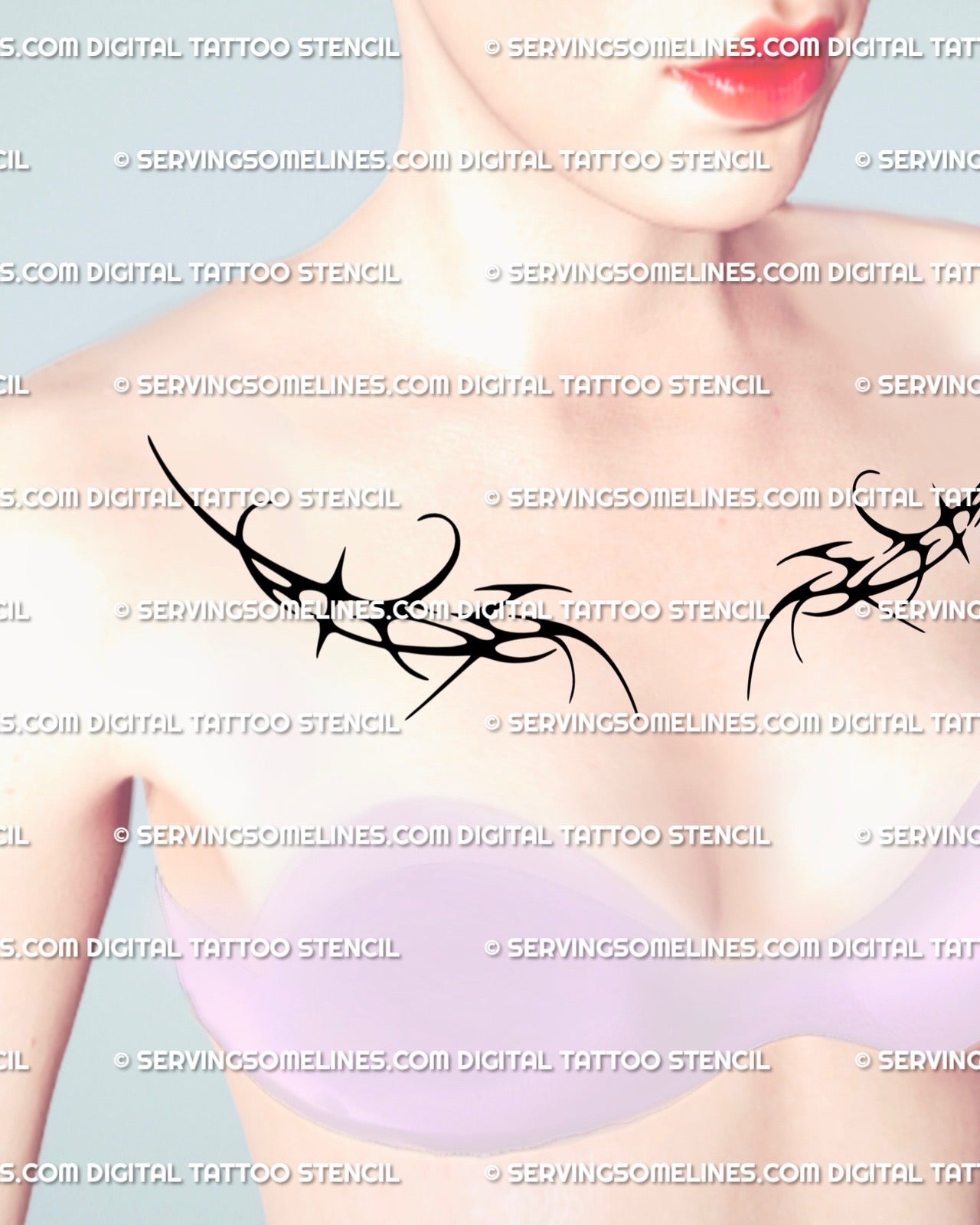 Side angle showing feminine neo tribal chest tattoo stencil placement, cyber tribal shapes following chest curves, digital design preview.