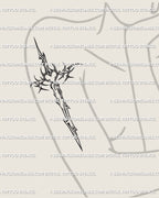 Elegant dagger cross tattoo on woman’s arm, minimalist sword and cross linework with soft neotribal cybersigilism touch. 