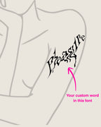Liquid trippy lettering “Pleasure” tattoo preview on woman’s arm, gothic digital tattoo stencil that can be made with any word you choose.