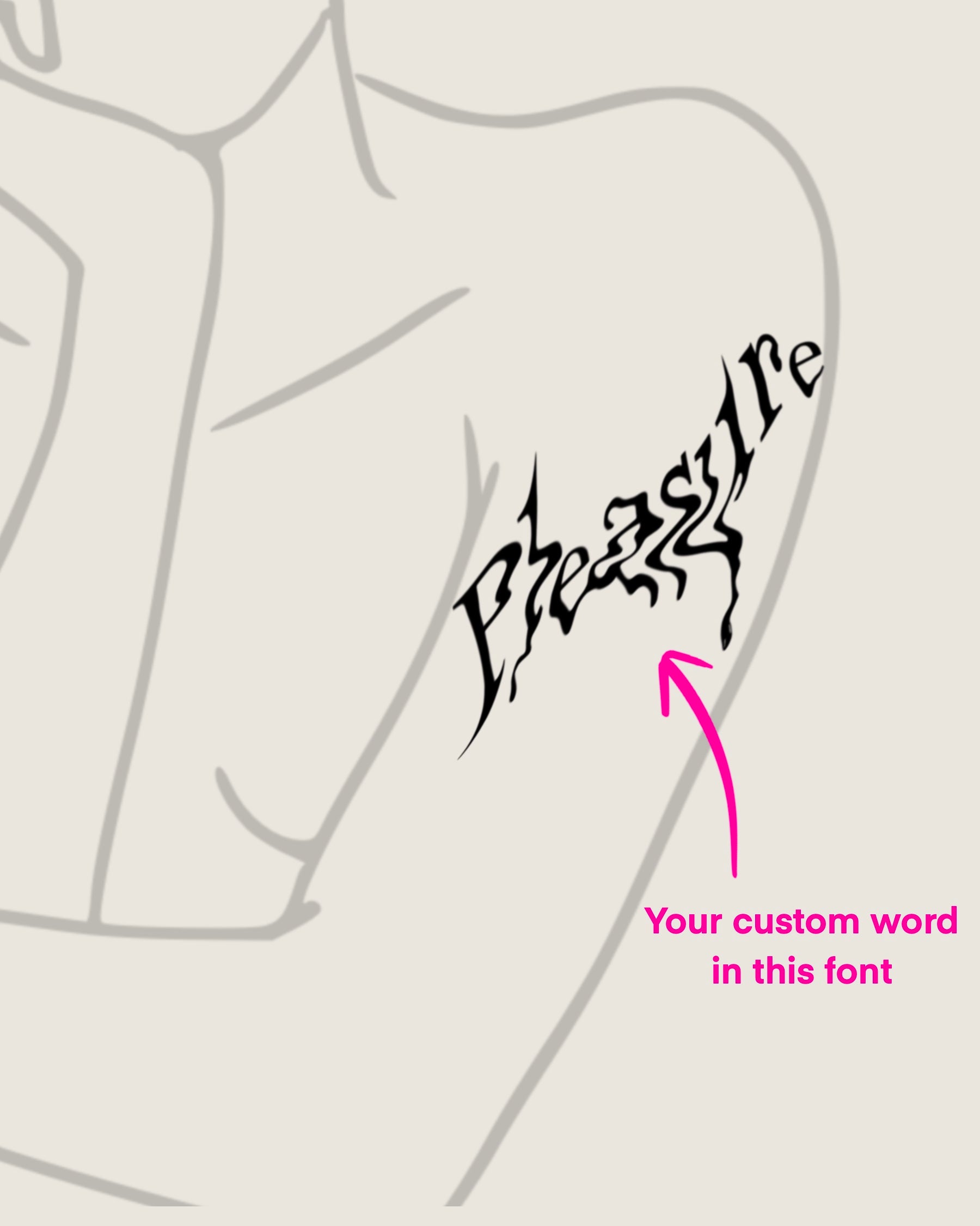 Liquid trippy lettering “Pleasure” tattoo preview on woman’s arm, gothic digital tattoo stencil that can be made with any word you choose.
