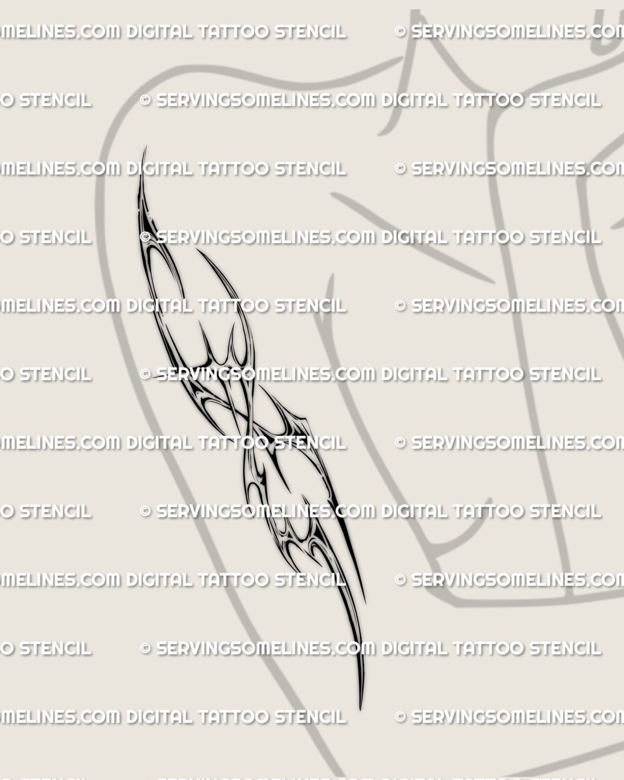 female arm cyber tribal tattoo example showing cybersigil design wrapping the forearm with chrome style detailing in a clean vertical layout