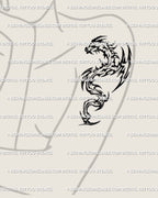 Neotribal dragon tattoo stencil displayed on woman’s arm, abstract flame linework in cyber sigilism style with flowing anatomy.