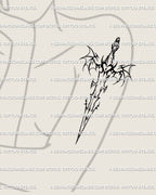 Women’s arm tattoo mockup displaying gothic bat wings sword digital design, elegant cyber sigil dagger tattoo stencil with ornamental wings.