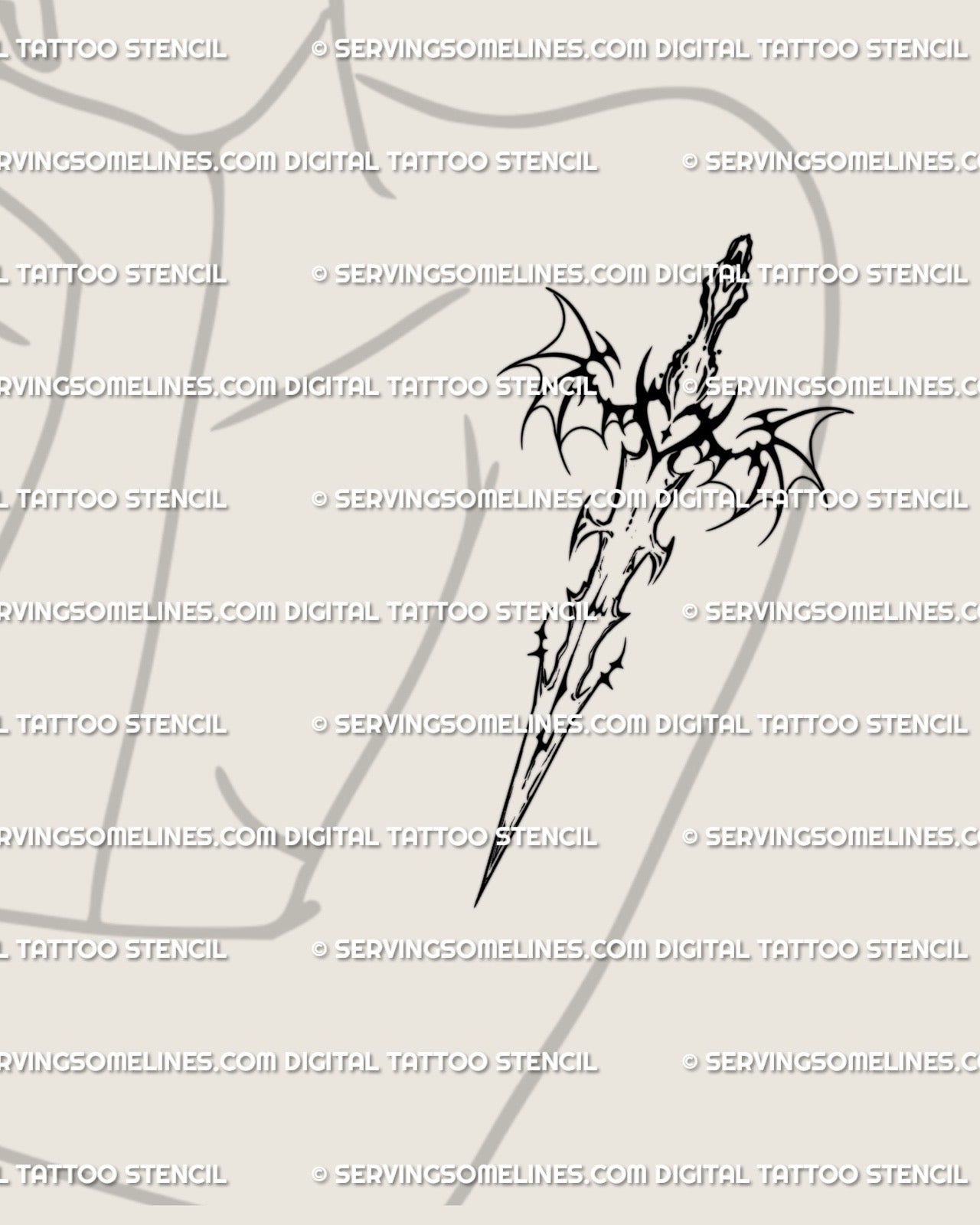 Women’s arm tattoo mockup displaying gothic bat wings sword digital design, elegant cyber sigil dagger tattoo stencil with ornamental wings.