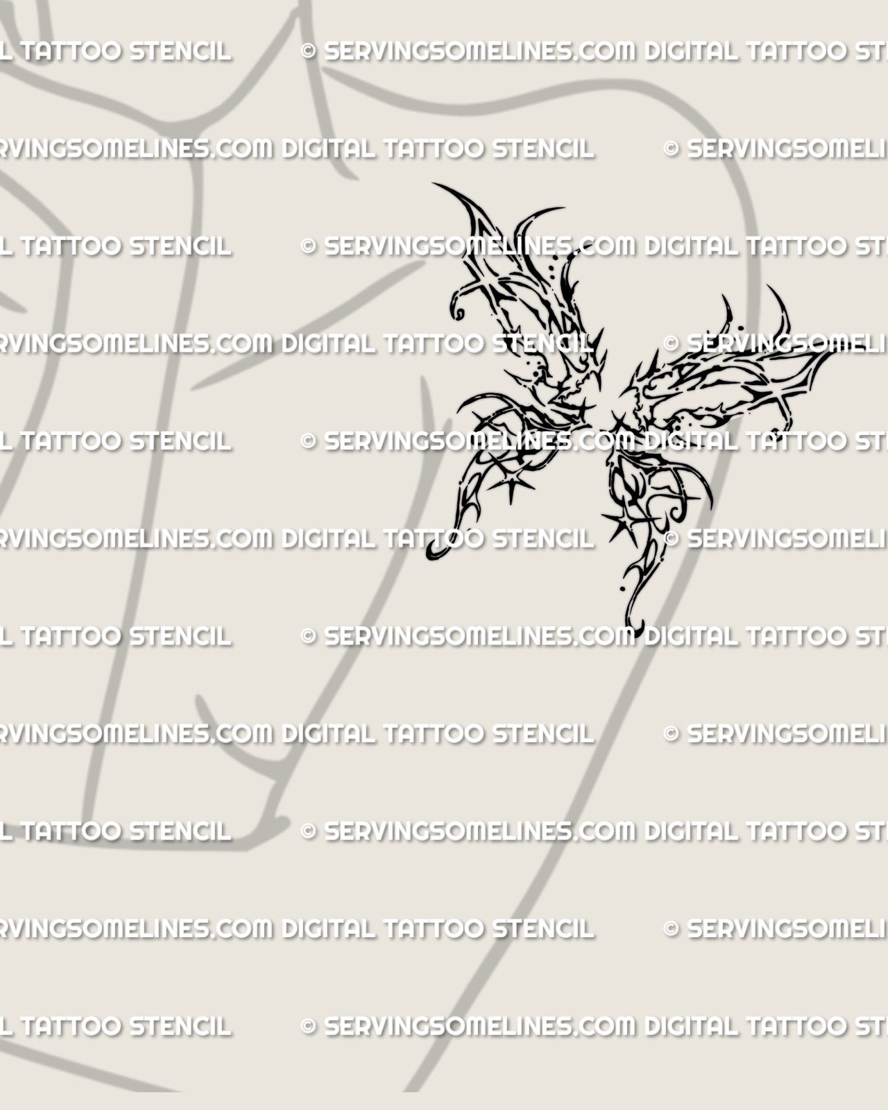 woman’s upper arm showing a gothic butterfly wing tattoo design with spiky ornamental shapes and dark abstract linework 
