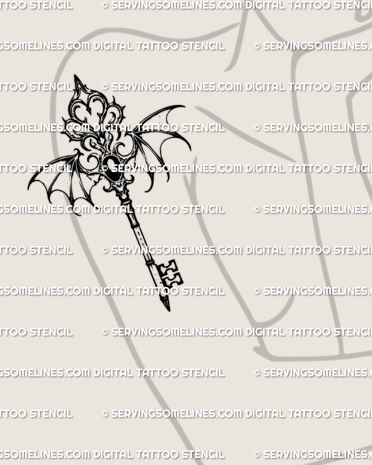 Gothic winged key tattoo stencil shown on a women’s arm placement, featuring royal gothic filigree and balanced ornamental proportions.