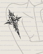 cyber neotribal cross tattoo stencil shown on womens arm placement, gothic blackwork design offered as an instant download