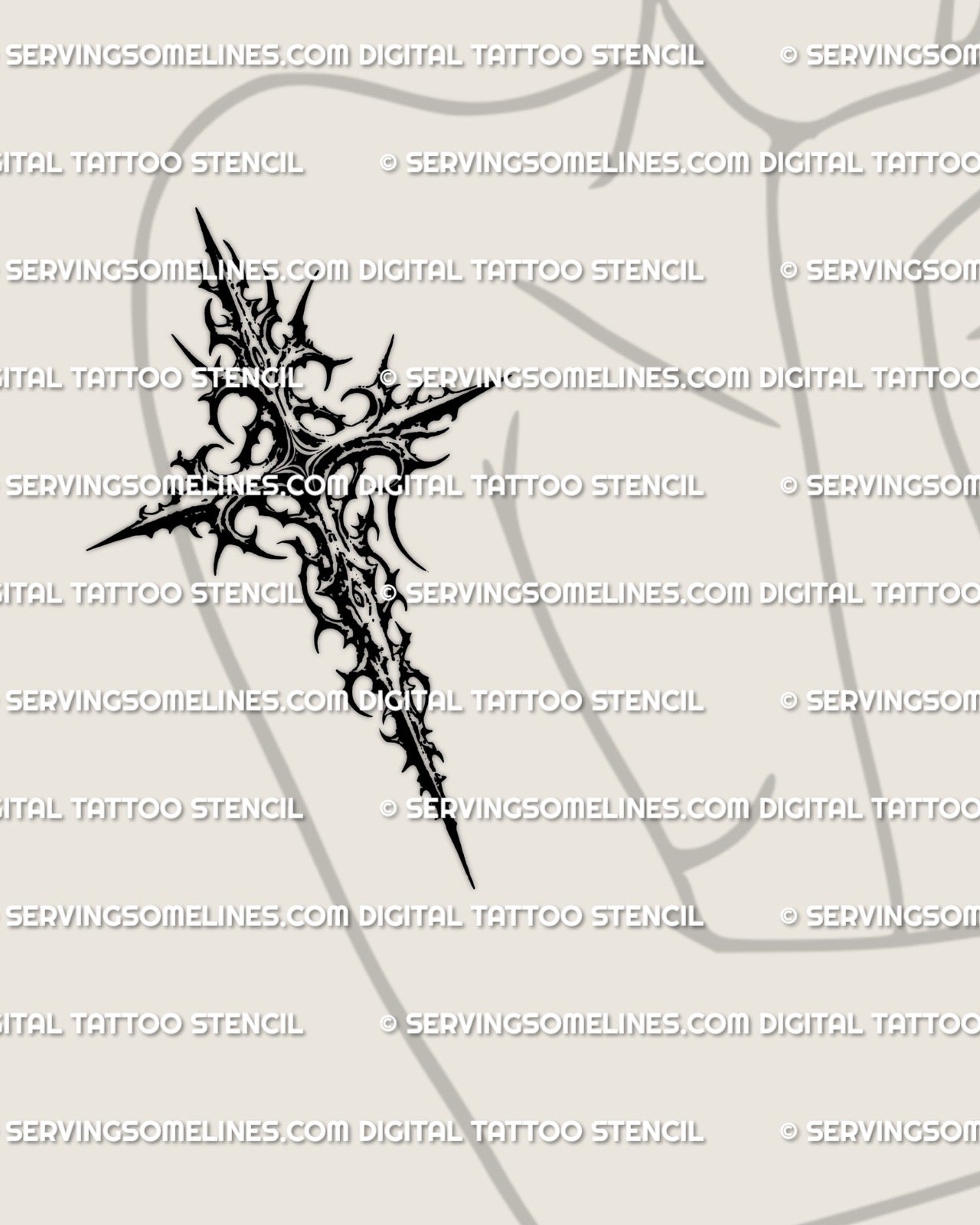 cyber neotribal cross tattoo stencil shown on womens arm placement, gothic blackwork design offered as an instant download