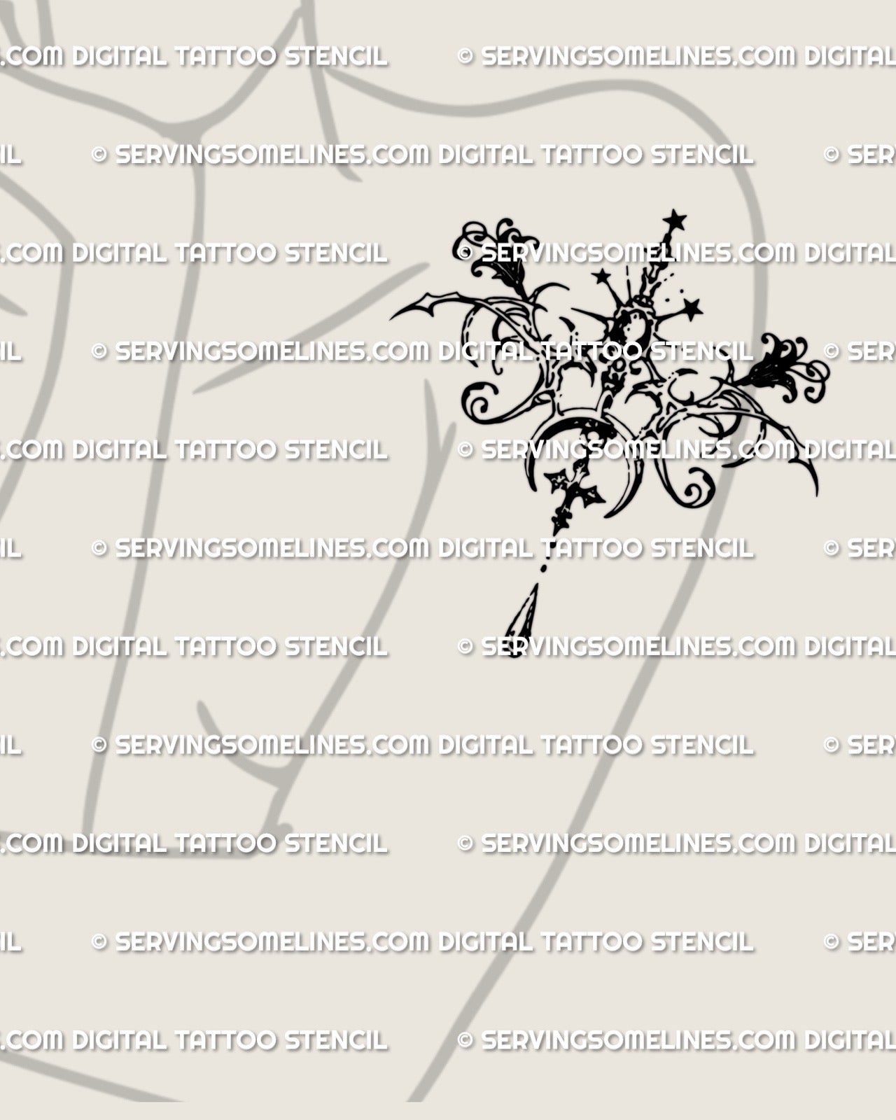 Gothic cybersigil pendant tattoo stencil placed on a woman’s shoulder area with crescent moon, stars and cybersigil floral curves