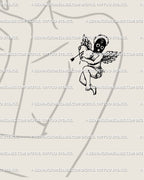 Digital tattoo stencil of small cherub placed on woman’s arm, masked angel with heart and arrow, subtle and emotional minimalist ink style. 