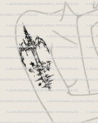 Water themed sword outline shown on a woman’s arm as a clean stencil with soft flowing lines and a modern fine line feel