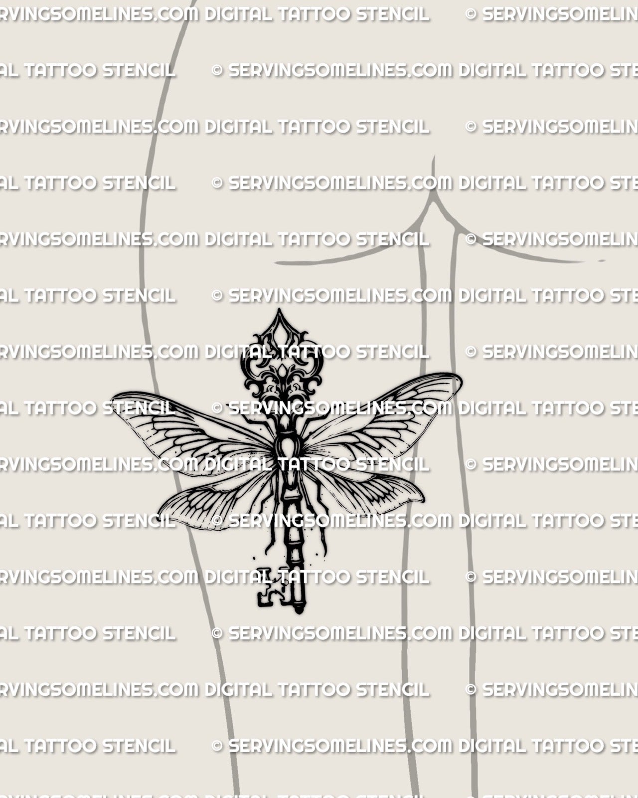 Dragonfly key tattoo stencil shown on womens back of the thigh placement, gothic dragonfly wings key silhouette with antique crest top.
