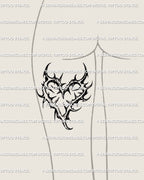 Women’s back thigh heart tattoo stencil with gothic thorn spikes, blackwork neotribal design for bold yet feminine statement piece. 