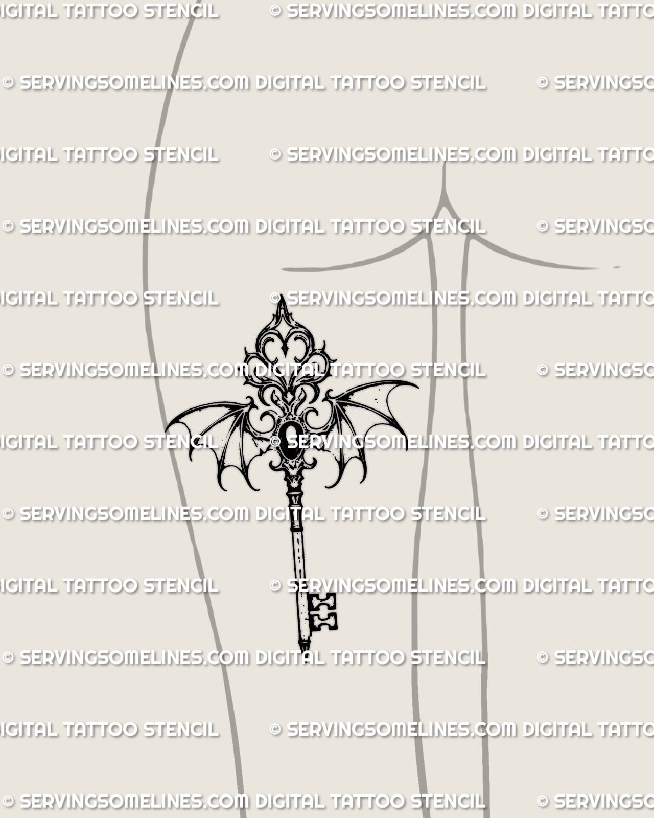 Royal gothic key tattoo stencil placed on the back of the thigh, with winged edges and ornamental baroque styling flowing with the leg curve.