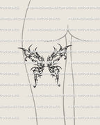 female back-of-thigh mockup showing dark butterfly wings with abstract spiky details and bold ornamental linework