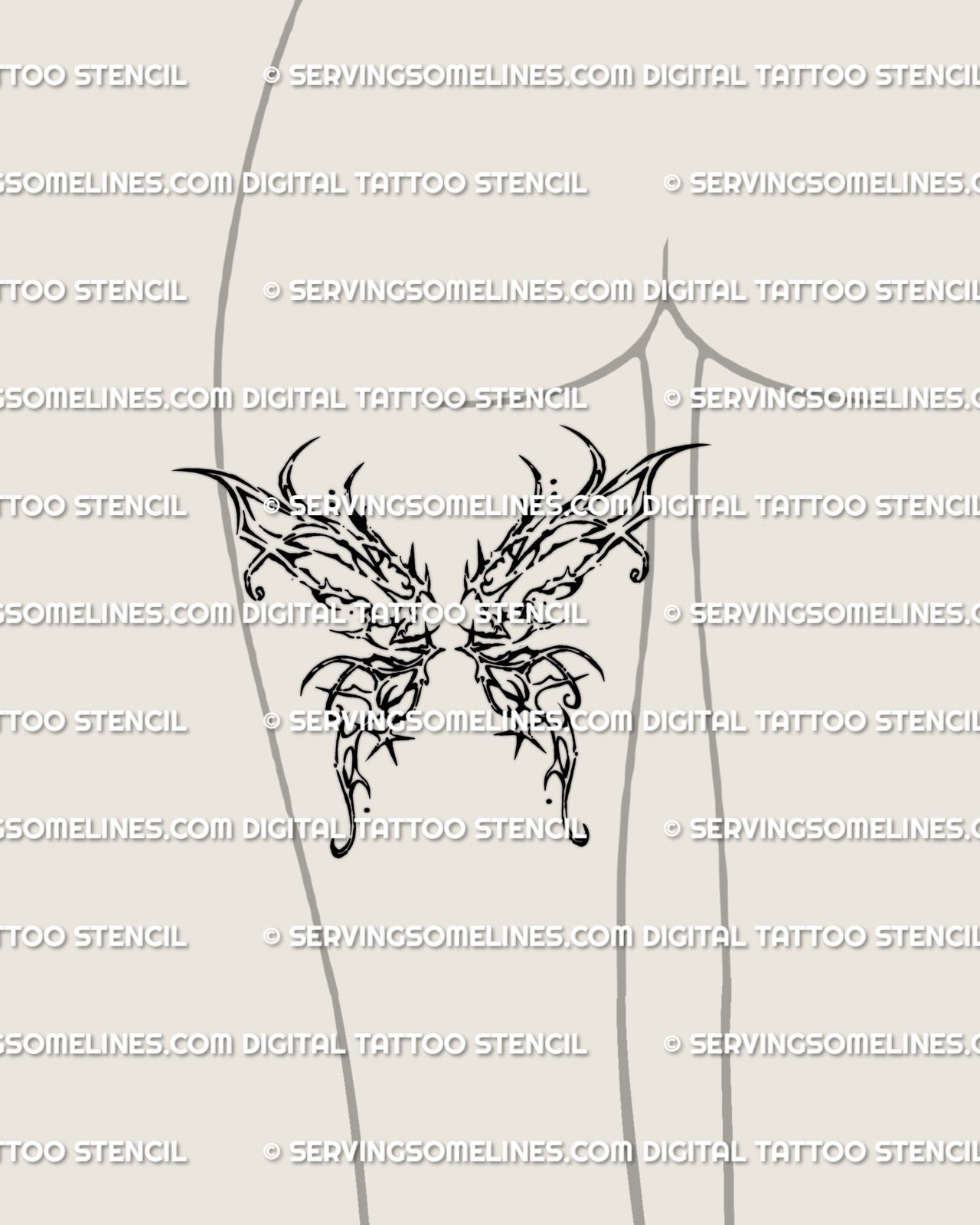 female back-of-thigh mockup showing dark butterfly wings with abstract spiky details and bold ornamental linework