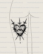Womens back thigh sacred heart tattoo stencil with three swords and gothic eye symbol, dramatic dark line art design for body art 