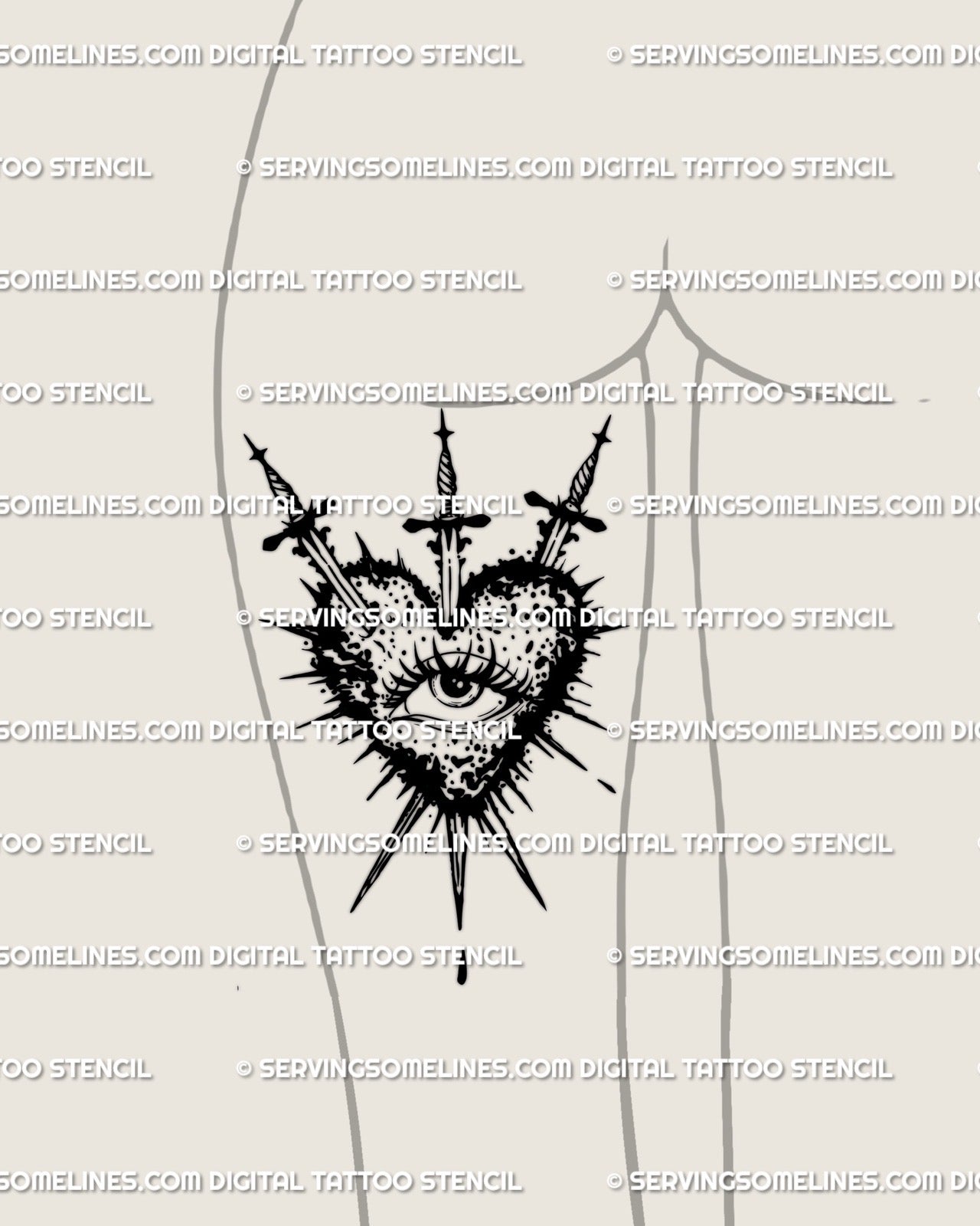 Womens back thigh sacred heart tattoo stencil with three swords and gothic eye symbol, dramatic dark line art design for body art 