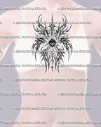Women's chest center biblical angel eye tattoo preview with all-seeing eye, six wings, and sacred cyber sigil layout