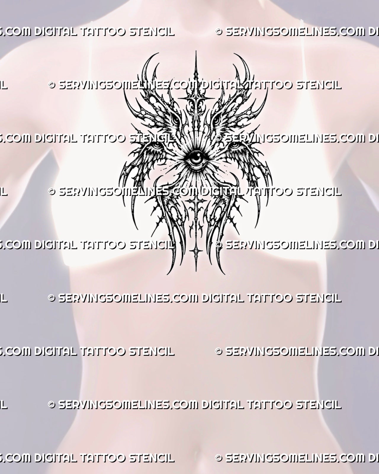 Women's chest center biblical angel eye tattoo preview with all-seeing eye, six wings, and sacred cyber sigil layout