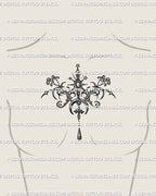 Cybersigil emblem tattoo stencil placed at the chest center with crescent moon and star elements shown in a delicate placement preview