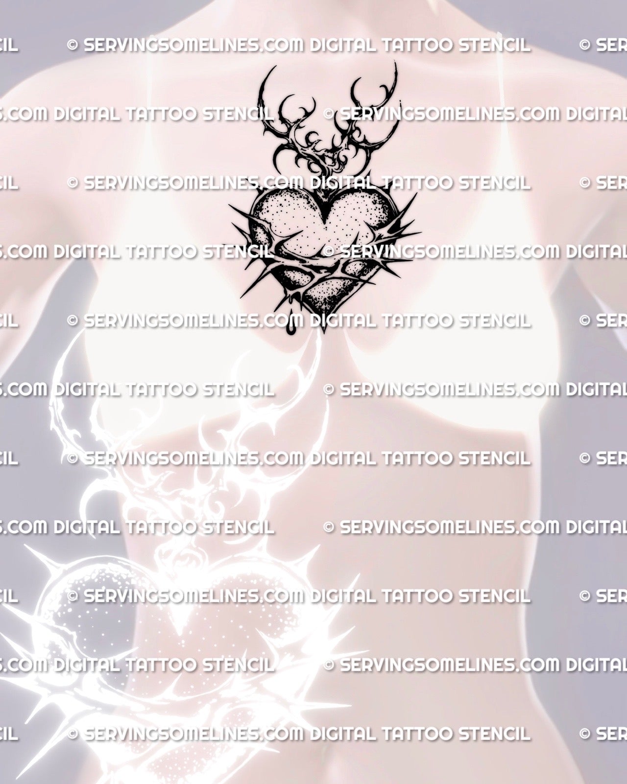 Displayed on women’s chest center placement, sacred heart with barbed wire and thorn crown, flame tips, refined dark blackwork