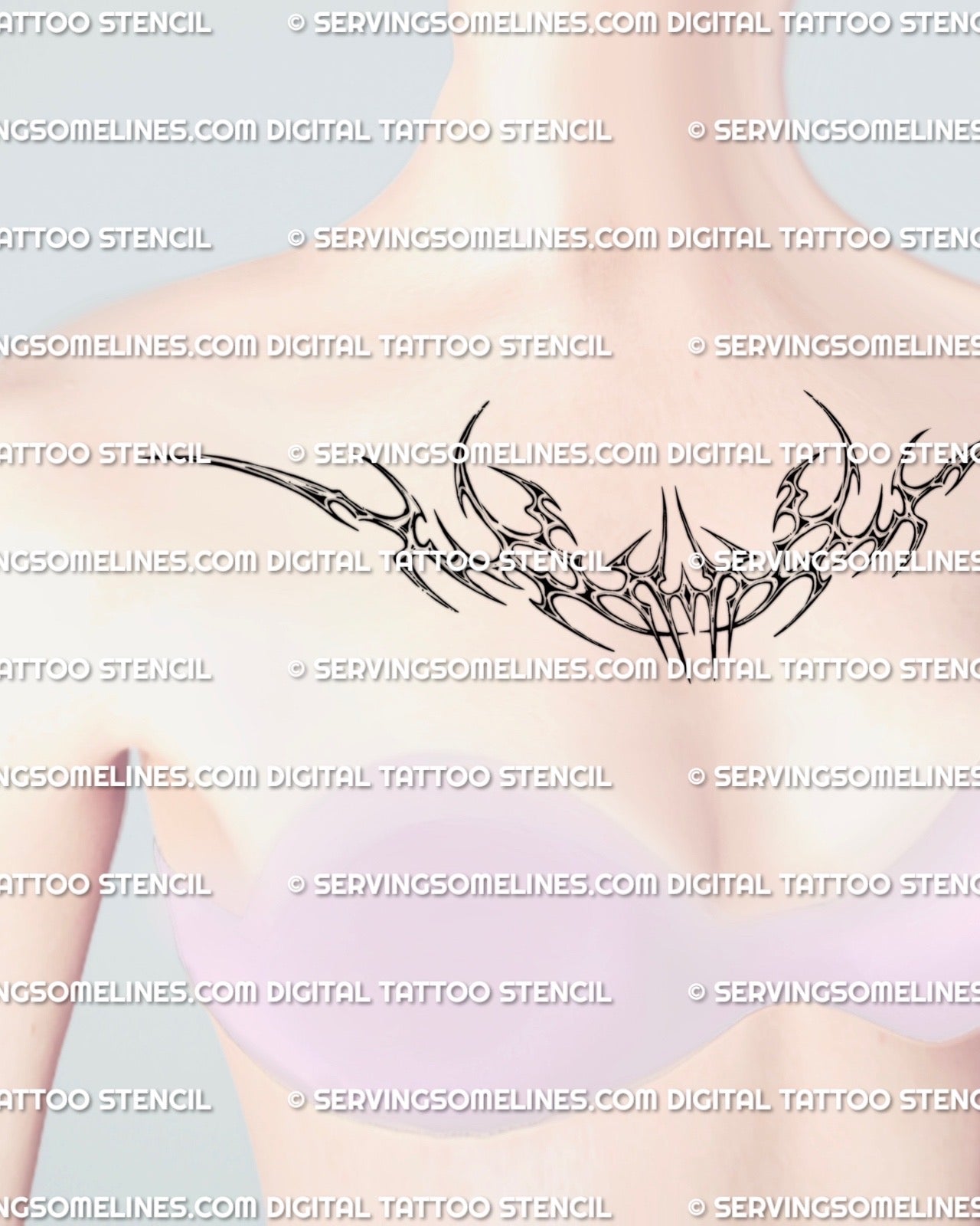 female chest mockup with a chrome cyber tribal tattoo spreading across the upper chest in polished metal curves with razor inspired edges