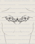 Women’s chest tattoo stencil shown across the upper chest with fine line futuristic curves and a centered sparkle displayed as a digital preview