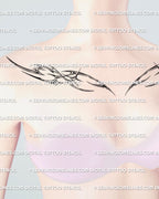 close view of woman’s collarbone tattoo in cyber tribal style with fine cybersigil curves and pointed edges