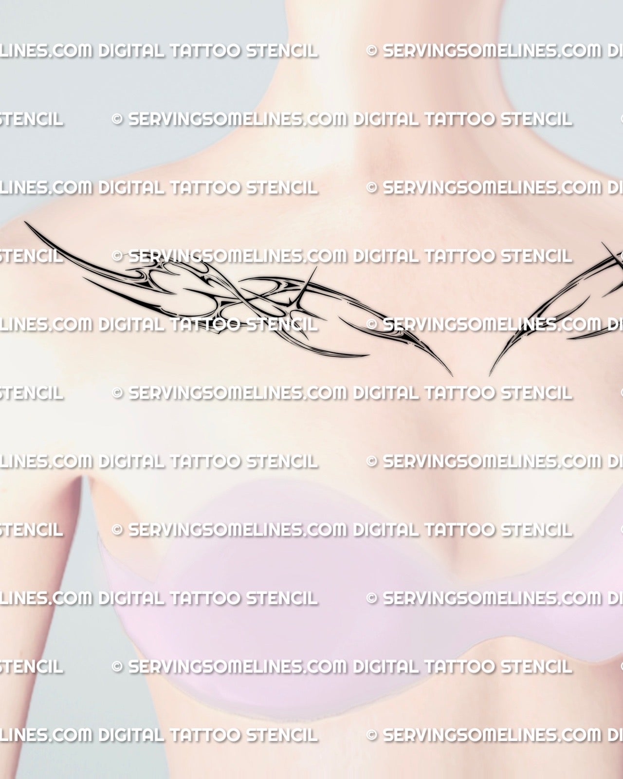 close view of woman’s collarbone tattoo in cyber tribal style with fine cybersigil curves and pointed edges