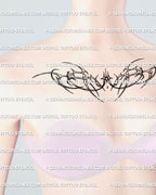 Women’s collarbone tattoo stencil sitting under the bones with fine line futuristic curves and a centered sparkle shown as a digital preview