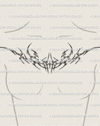 womens collarbone mockup featuring a chrome cyber tribal chestpiece with polished blade curves sitting cleanly across the upper chest