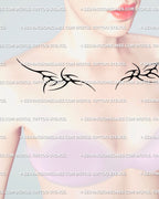 Women’s collarbone view featuring mirrored thorn tattoo design, digital stencil preview that follows body line with balanced spikes.