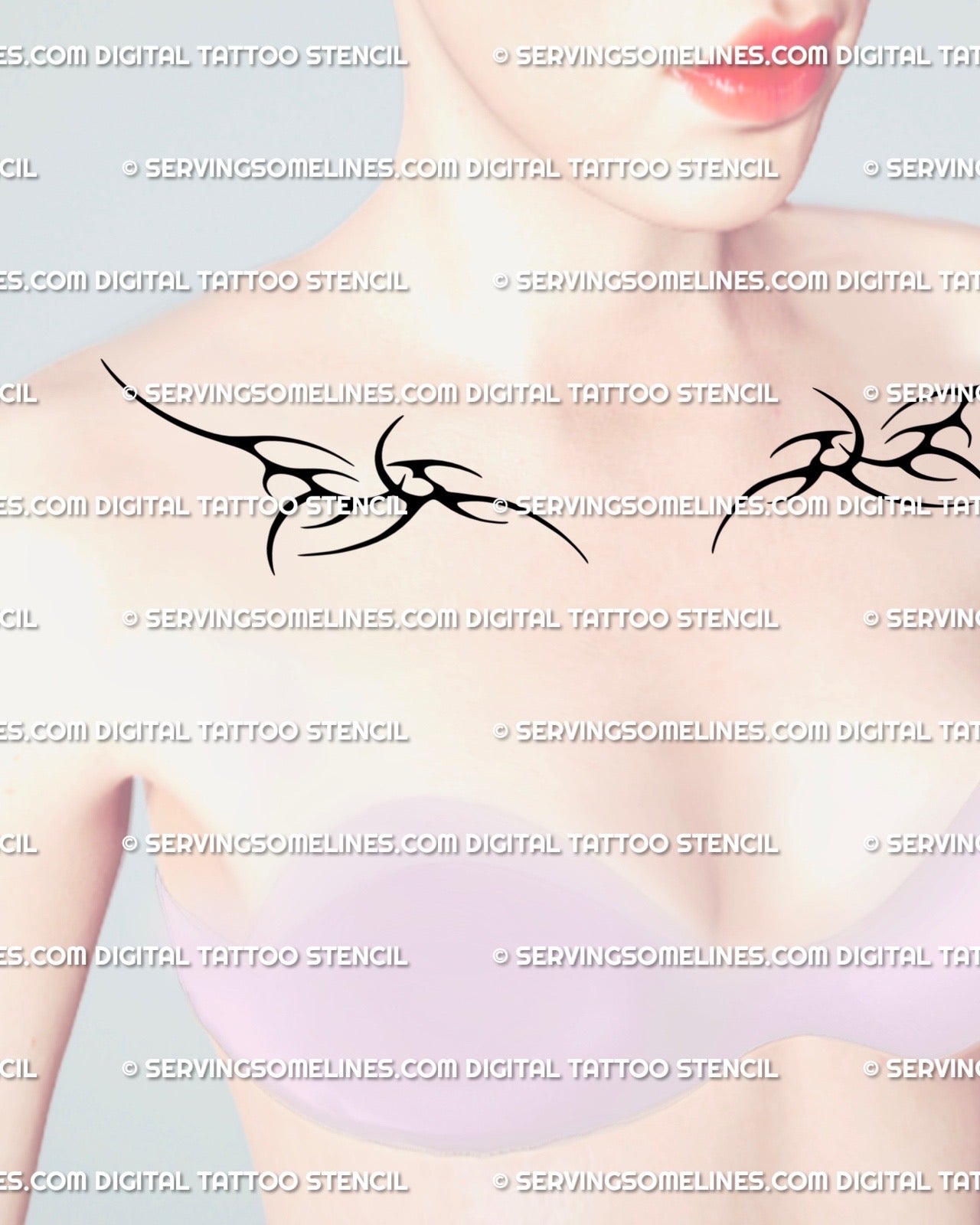 Women’s collarbone view featuring mirrored thorn tattoo design, digital stencil preview that follows body line with balanced spikes.