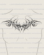 cyber tribal neotribal chest tattoo stencil displayed on womens upper chest to show how the thorn like branches sit along the collarbones