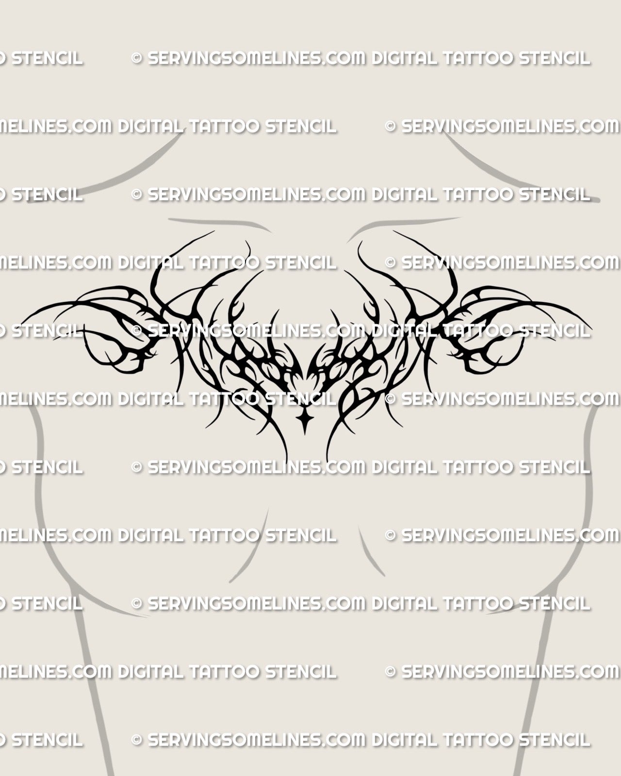 cyber tribal neotribal chest tattoo stencil displayed on womens upper chest to show how the thorn like branches sit along the collarbones