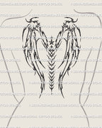 cybersigilism wings tattoo on womens upper and mid back, star spine design with sharp cyber wing edges, modern full back tattoo concept