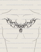 Feminine cybercore chest tattoo idea featuring spiky chain heart centerpiece, ornamental neotribal linework with gothic cyber flow.