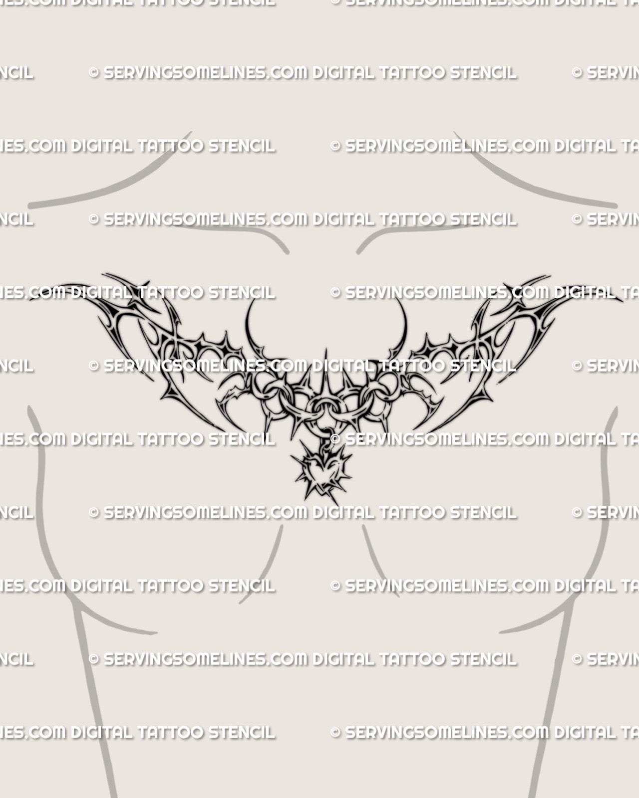 Feminine cybercore chest tattoo idea featuring spiky chain heart centerpiece, ornamental neotribal linework with gothic cyber flow.