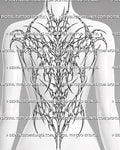 Cybersigilism backpiece tattoo stencil shown on women’s full back with sharp spine flow and wide shoulder placement